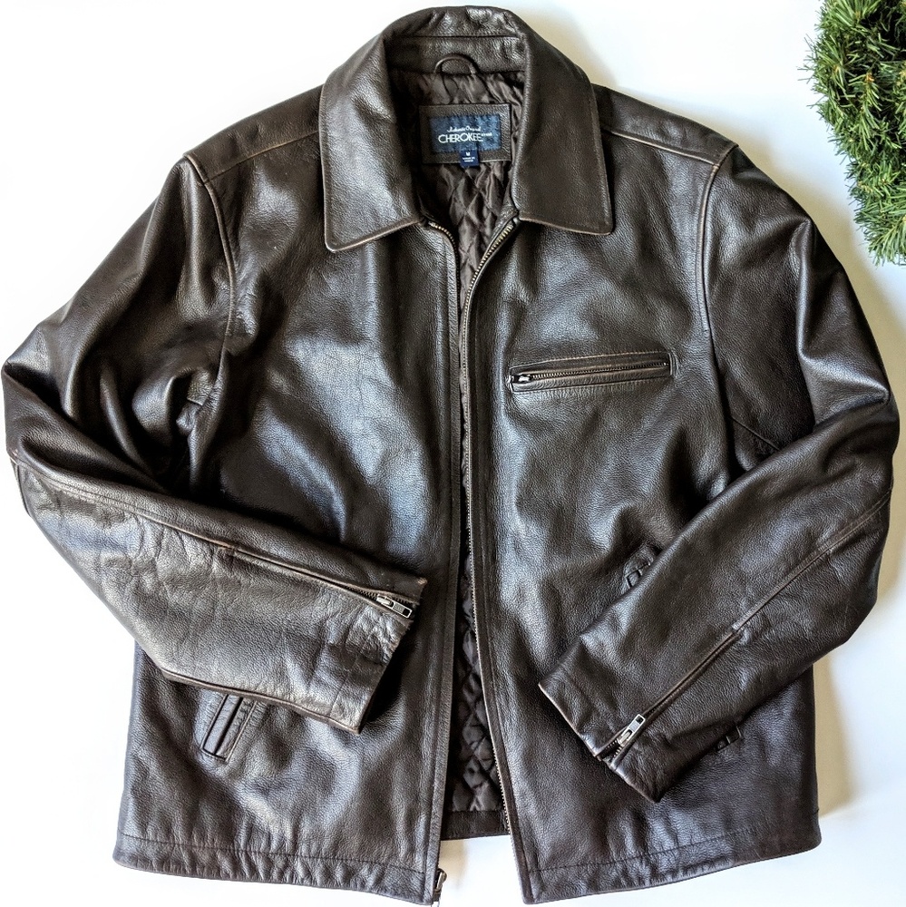 cherokee mens genuine dark brown leather coat